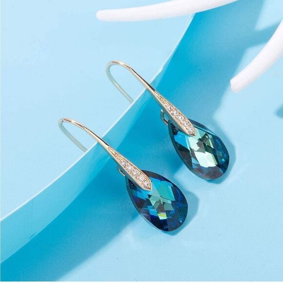 14K Yellow Gold with Bermuda Blue Austrian Crystal Teardrop Drop Hook Earrings - Picture 2 of 6